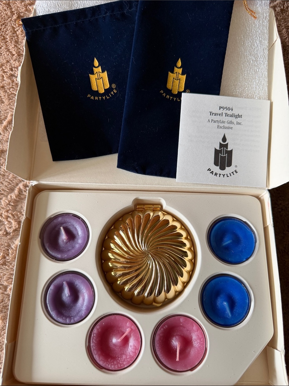 PartyLite Gold Travel Tealight Set with Blue, Purple, and Pink Tealights